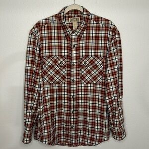 Duluth Trading Company Free Swinging Flannel Shirt Medium Red Blue Tan